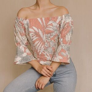 Gracia Off the Shoulder Ruffle Sleeve Striped Floral Blouse Size Medium